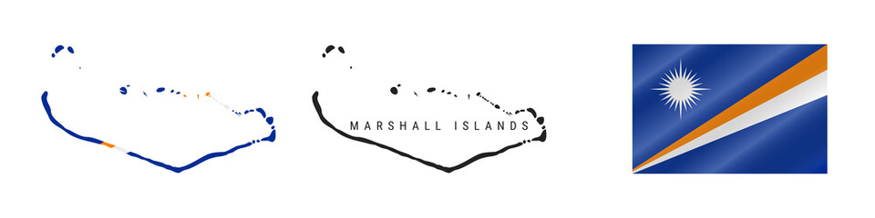 Marshall Islands. Detailed flag map. Detailed silhouette. Waving flag. Vector illustration