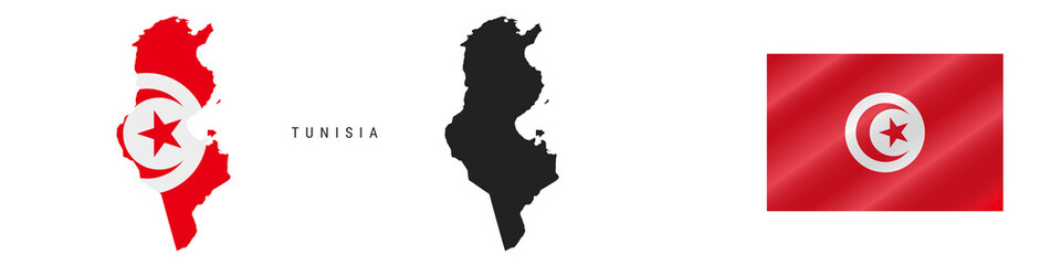 Tunisia. Detailed flag map. Detailed silhouette. Waving flag. Vector illustration
