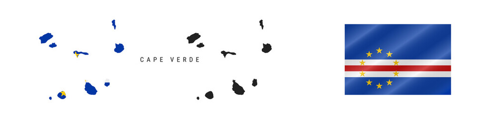 Cape Verde. Detailed flag map. Detailed silhouette. Waving flag. Vector illustration