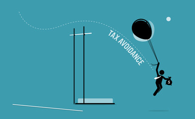 Taxpayer with money flying over a pole vault high bar with balloons to avoid paying tax. Vector illustration concept of tax avoidance, evasion, tax exemption, and escaping audit.