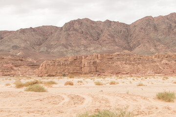 Desert, red mountains, rocks and cloudy sky. Egypt, color canyon.