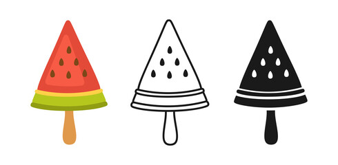 Watermelon Ice Cream lolly cartoon set, line icon, black glyph style. Kawaii hello summer collection sweet food. Comic hand drawn cute berry Ice cream on stick. Isolated dessert vector illustration