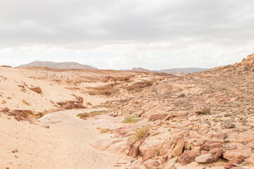 Desert, red mountains, rocks and cloudy sky. Egypt, color canyon.