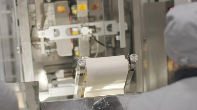 Snack pouch package filling and sealing machine. Food industry