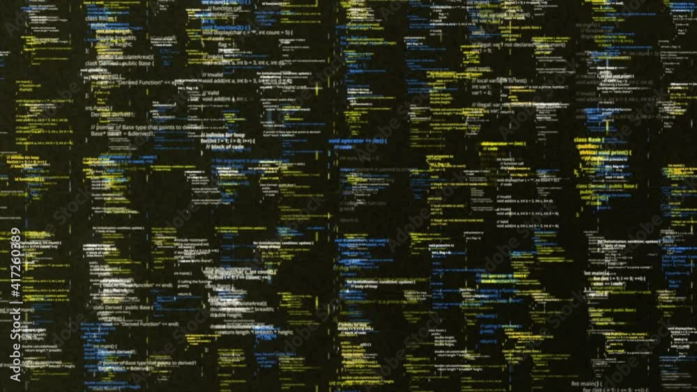 Poster details of programming code on computer screen. animation. blocks of digital information being writt