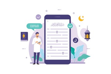 Muslim people reading the quran on smartphone mobile app vector illustration