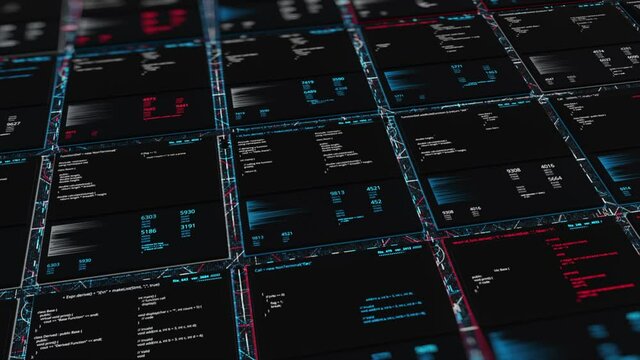 Technical animated background with everchanging data, seamless loop. Animation. Abstract geometric pattern with working computer program.