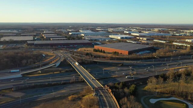 Aerial Pan Shot of Exit 8A at the New Jersey Turnpike.