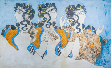Minoan 'Ladies in Blue' Fresco in Archaeological Museum of Heraklion Crete Greece