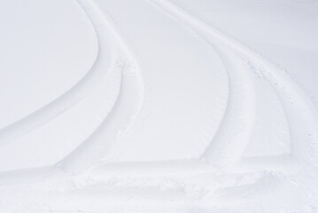 Snow covered driveway with tire tracks, monochromatic white winter scene
