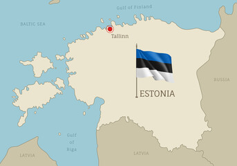 Estonia editable map with territory borders, European country highly detailed political map with Tallinn capital city and waving national flag vector illustration
