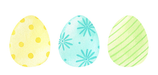 Watercolor set with decorated Easter eggs in pastel colors. Festive design elements isolated on white background. Perfect for your project, cards, invitations, prints, patterns, decoration.