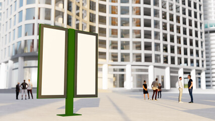 3D mock up blank advertisement flag banner on stand in downtown