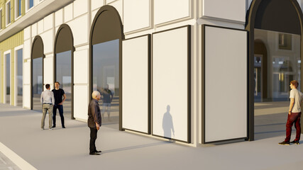 Mockup outdoor advertising billboard on wall of building and walkway