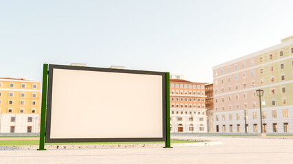 3D mock up blank horizontal advertisement billboard on stand near grass field