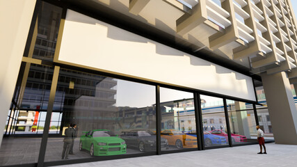 Fototapeta na wymiar 3D Mockup rectangle billboard outdoor advertising over entrance car showroom