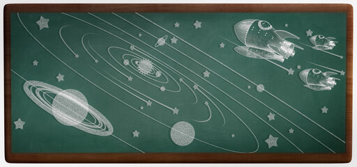 3D rendering of a Solar System Chalk Drawing on a Blackboard © coward_lion