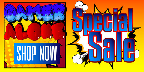 Pc or Console gaming sale, Gamer related Special Offer. Comic book style background. Poster, banner, template. Cartoon explosion expression. Gaming business vector illustration.