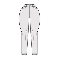 Jeans Classic Jodhpurs Denim pants technical fashion illustration with normal waist, high rise, pockets, belt loops. Flat bottom apparel template front grey color style. Women, men, unisex CAD mockup