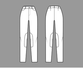 Jeans Kentucky Jodhpurs Denim pants technical fashion illustration with normal waist, high rise, pockets, belt loops, full lengths. Flat bottom template front back, white color style. Women, men CAD