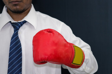 Concept of business competition Businessman standing in red boxing gloves, success in uncle...