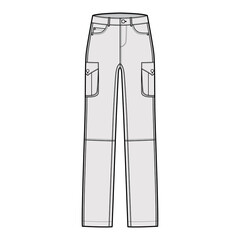Set of Jeans cargo Denim pants technical fashion illustration with low waist, rise, pockets, belt loops, full lengths. Flat bottom apparel front grey color style. Women, men, unisex CAD mockup
