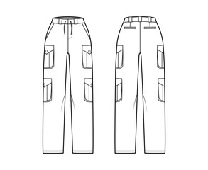 Set of cargo pants technical fashion illustration with normal waist, high rise, pockets, belt loops, full lengths. Flat bottom apparel template front back, white color. Women, men, unisex CAD mockup