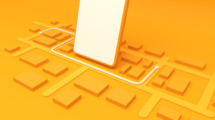 Teléfono inteligente rodeado de mapa 3D, aplicación de entrega a domicilio, fondo naranja © Marcos