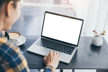 computer screen blank mockup.hand woman work using laptop with white background for...