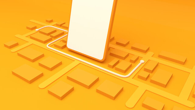 Tel&eacute;fono inteligente rodeado de mapa 3D, aplicaci&oacute;n de entrega a domicilio, fondo naranja