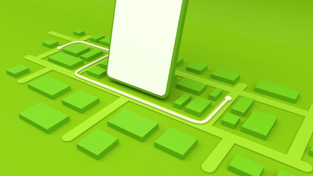 Tel&eacute;fono inteligente rodeado de mapa 3D, aplicaci&oacute;n de entrega a domicilio, fondo verde  