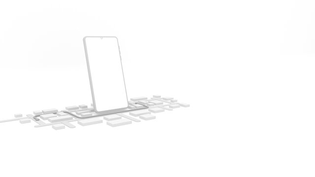Tel&eacute;fono inteligente rodeado de mapa 3D, aplicaci&oacute;n de entrega a domicilio, fondo blanco