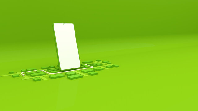 Tel&eacute;fono inteligente rodeado de mapa 3D, aplicaci&oacute;n de entrega a domicilio, fondo verde