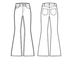 Jeans flared bottom Denim pants technical fashion illustration with full length, low waist, 5 pockets, Rivets. Flat bottom apparel template front back, white color style. Women, men, unisex CAD mockup