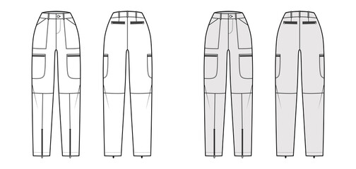Set of Parachute pants technical fashion illustration with normal waist, high rise, pockets, belt loops, full lengths. Flat template front back, white, grey color style. Women, men, unisex CAD mockup