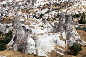 Special stone formation behind the district of Goreme at Cappadocia in Nevsehir, Turkey. Cappadocia is part of the UNESCO World Heritage Site.