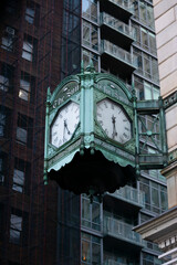 Fototapeta na wymiar Old clock on the wall, installed in 1930 on Broadway in Manhattan, New York. lettering on the clock: 