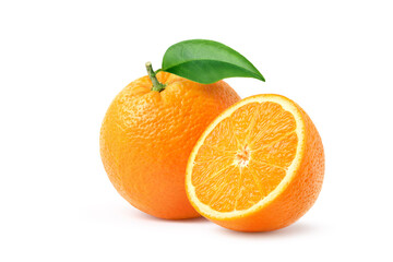 Naklejka na ściany i meble Orange with cut in half and green leaf isolated on white background. clipping path.