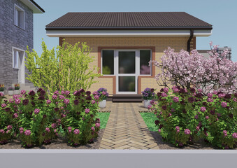 Fototapeta na wymiar Garden design. A small house surrounded by plants.