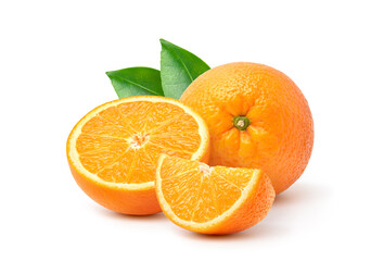 Orange  with cut in half and green leaves isolated on white background.