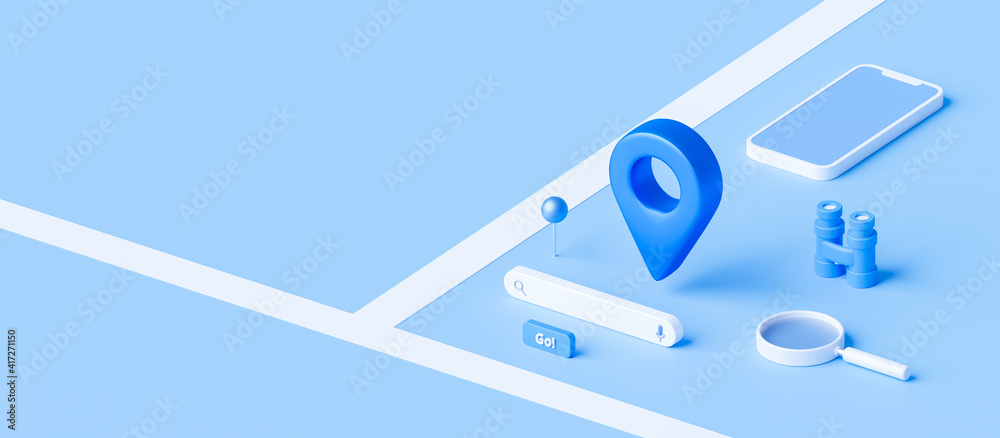 Poster isometric of map and location pin or navigation icon sign on blue background with search concept. 3d