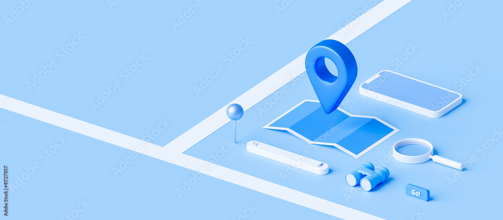 Poster isometric of map and location pin or navigation icon sign on blue background with search concept. 3d
