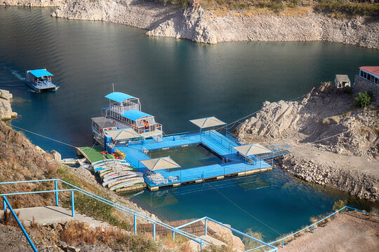 Blue floating raft on lake in Valle Grande Mendoza Argentina