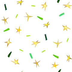 Fun seamless pattern of hand drawn golden stars and green and emerald confetti. Cute background design for textile, print, invitations, cards, wrapping paper for gifts and celebrations