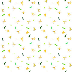 Seamless background of hand drawn golden stars and green and emerald confetti. Repeated pattern design for textile, print, invitations, cards, wrapping paper for gifts and celebrations