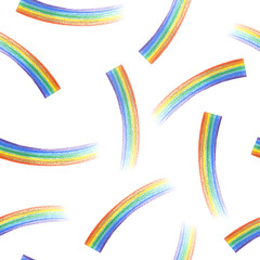 Simple seamless hand drawn rainbow pattern in colored pencil. Cute rainbows repeating background for kid rooms, St Patrick day, nursery wallpaper, textile, fabric, stationery, print 