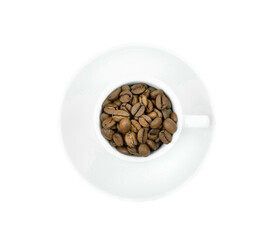 A white cup with coffee beans is isolated on a white background. Top view