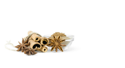 Cinnamon and star anise on a white background