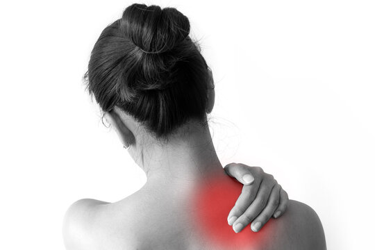 Neck pain, shoulder pain, health concept, white background