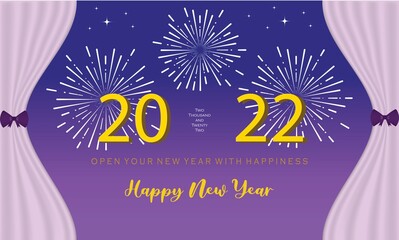 Happy New Year 2022 open with happiness white firework background 3D purple curtains